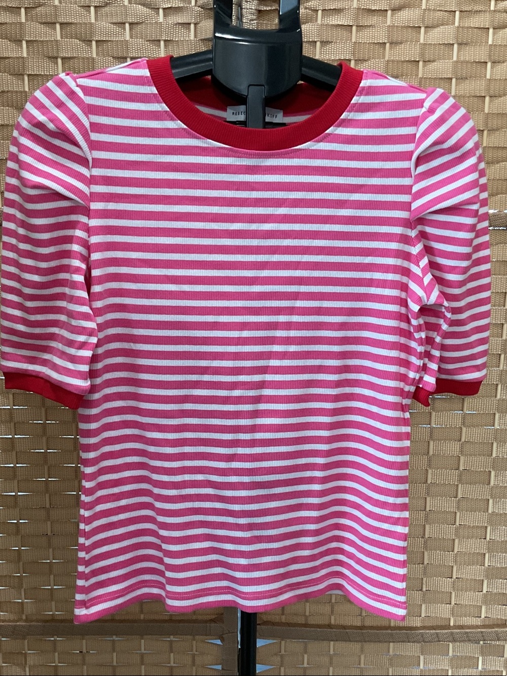 Rebecca Minkoff Pink & White Striped Short Sleeve Tee with Red Trim